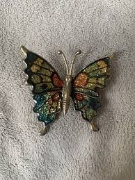 Vintage Enameled Butterfly Orange & Green Gold Tone Brooch ...