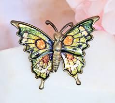 Vintage Butterfly Brooch Green Yellow Orange Glitter ...