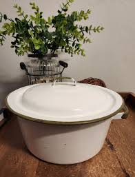 Rare Vintage White w/ Green Enamelware Pot w/ Lid & Handles 9½"x4" | eBay