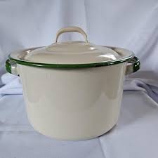 Vintage Cream and Green Enamelware Covered Pot - Enamelware Covered Pot - Vintage Farmhouse - Cream and Green - Enamelware Pot - Etsy