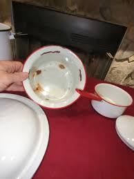 White Enamelware Red/Blue Trimmed LOT Stock Pot w/Lid, Ladle ...