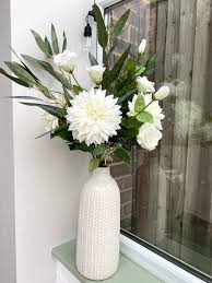 Ivory Dahlia Flower Arrangement: Eucalyptus Centerpiece in ...