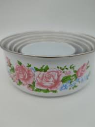 Vintage GMI 5 Enamelware Metal nesting bowls Pink Roses Blue ...