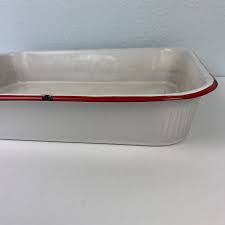 Vintage Enamelware White Red Rim Baking Dish Pan ...