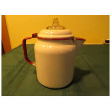 White with Red Enamel Coffee Pot with Strainer - b285. For Sale at Ruby Lane