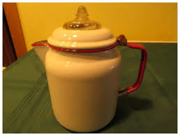 White with Red Enamel Coffee Pot with Strainer - b285. For ...