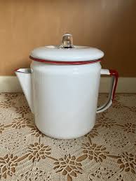 Vtg Red White Enamel Ware Coffee Pot w/ Glass Knob & Basket ...