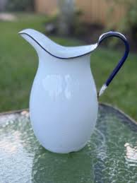 Antique White Enamelware Pitcher Dark Blue Handle & Rim 10" Tall