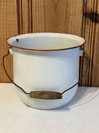 Antique white Enamel Ware Bucket /pot with lid & wooden Handle 1940's | eBay