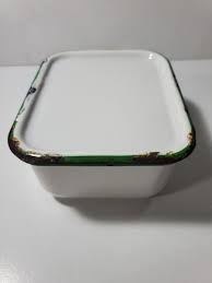 Enamelware Refrigerator Box & Lid Vintage White Green Trim ...