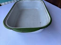 Vintage Farmhouse Porcelain Enamel Green Banded 13.5" x 8.5 ...