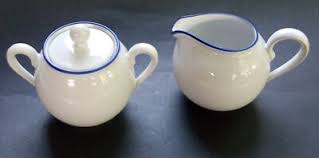Martin Beck Design Creamer and Sugar Bowl White Blue Trim Farm House Industrial | eBay