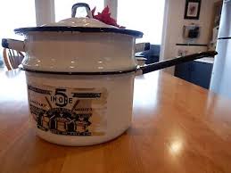 Vintage Enamelware Porcelain 5 In One Double Boiler White Black Original Sticker | eBay