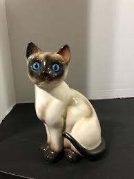 Enesco Siamese Cat Figurine Porcelain Ceramic W/Glass Blue ...