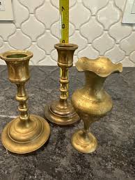 Vintage Set of 3 Brass Items - 2 Candlestick Holders and an ...