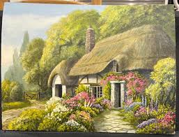 Vintage Original Naive Signed Oil on Board, Thatched ...