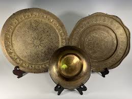 Lot 3 Levant Islamic Damascus Brass 2 Trays& a bowl w ...