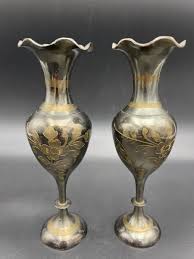 Pair Vintage Brass Vase Engraved 8" Made in India | eBay