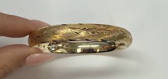 Vintage 14k Yellow Gold Wide Engraved Hinged Bangle Bracelet ...