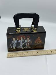 Rare VTG asian black lacquer Petite Purse W/inlaid mother of pearl Decoration /r | eBay