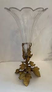 Wonderful Pair French Bronze Foliate Leaf Ormolu Crystal Glass Scalloped Vases For Sale at 1stDibs