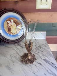 Fluted Glass Vase-tucked in to a Brass Base. Delicate. Brass Has Ornate Detail Embedded With Leaves. Bucolic Vintage-stands 9” High. Lovely. - Etsy