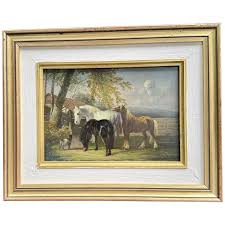 19th century English landscape with Shire horses in a field ...