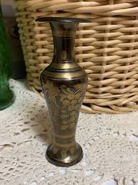 Small Two-tone Brass Vase Etched Floral Motif. Beautiful ...