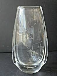 Vintage Signed Art Glass Clear Heavy 6 3/4" Vase Cut Floral Motif | eBay