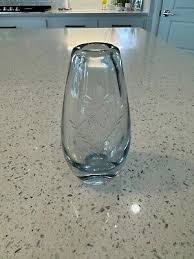 Art Glass Vase Clear Light Blue Etched Floral Design Heavy Thick Glass 5.5” | eBay