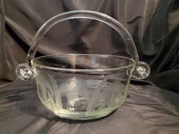 VTG Engraved Etched Iris Flower Clear Glass Basket w/Glass Turned Handle 6.5" | eBay