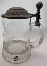 Vtg German Glass Beer Stein W Pewter Lid Etched Glass Design Wheat & Leaves VTG | eBay