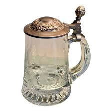 Vintage German Etched Glass Beer Tankard With Design Relief Metal Lid | Chairish