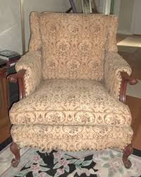 Antique Vintage Upholstered Wingback Chair Wood Scrolled ...