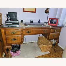 Queen Ann Honey-Colored 3-Drawer Desk with Glass Top - AptDeco