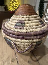African Tribal Ethiopian Handwoven Coiled Basket Leather Lid ...