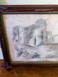 Antique Victorian Ruined Castle Pencil Sketch in Original ...