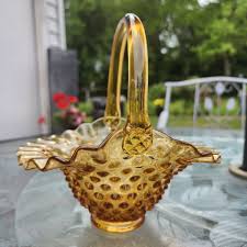 Vintage Fenton Art Glass Amber Hobnail Glass Basket with ...