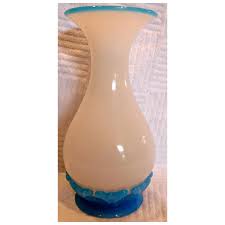 French Saint Louis 9 ½” White Opaline Art Glass Vase w Blue ...