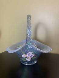 Fenton Blue Opalescent Ruffled Glass Basket Signed Painted Flowers HTF White | eBay