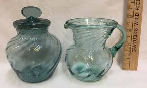 Creamer & Sugar Bowl Handblown Glass Blue w/ Bubbles Lid Ribbed Pitcher & Jar | eBay