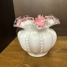 Fenton Glass Melon Dot Vase Pink White Overlay Ruffled ...