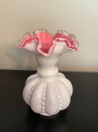 Vintage FENTON Beaded Melon Vase, Pink Encased Overlay ...
