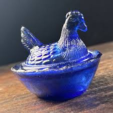Vintage Glass Hen on Nest Salt Chick Dish Cobalt Blue ...