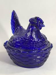 Large 8” Cobalt Blue Molded Glass Hen on Nest with Split ...