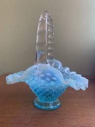 Fenton Basket Blue Opalescent Hobnail Ruffled Edge Clear ...