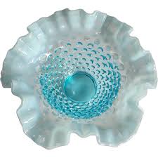 Fenton Hobnail Blue Opalescent Small Double Crimped Bowl