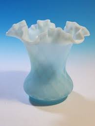 Vtg Fenton Blue Quilted Diamond Satin Glass Vase 6" Ruffled ...