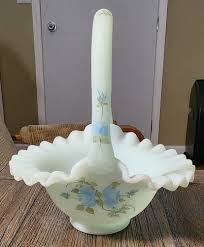 VINTAGE FENTON BLUE SATIN HAND PAINTED ROSES SIGNED BASKET ...