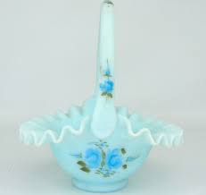 Fenton Glass Blue Rose on Blue Satin Ruffle Handle BASKET 7 ...